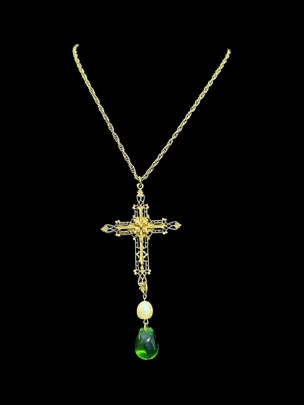 Monet Gold-Tone Filigree Cross Necklace with Pearl and Green Teardrop